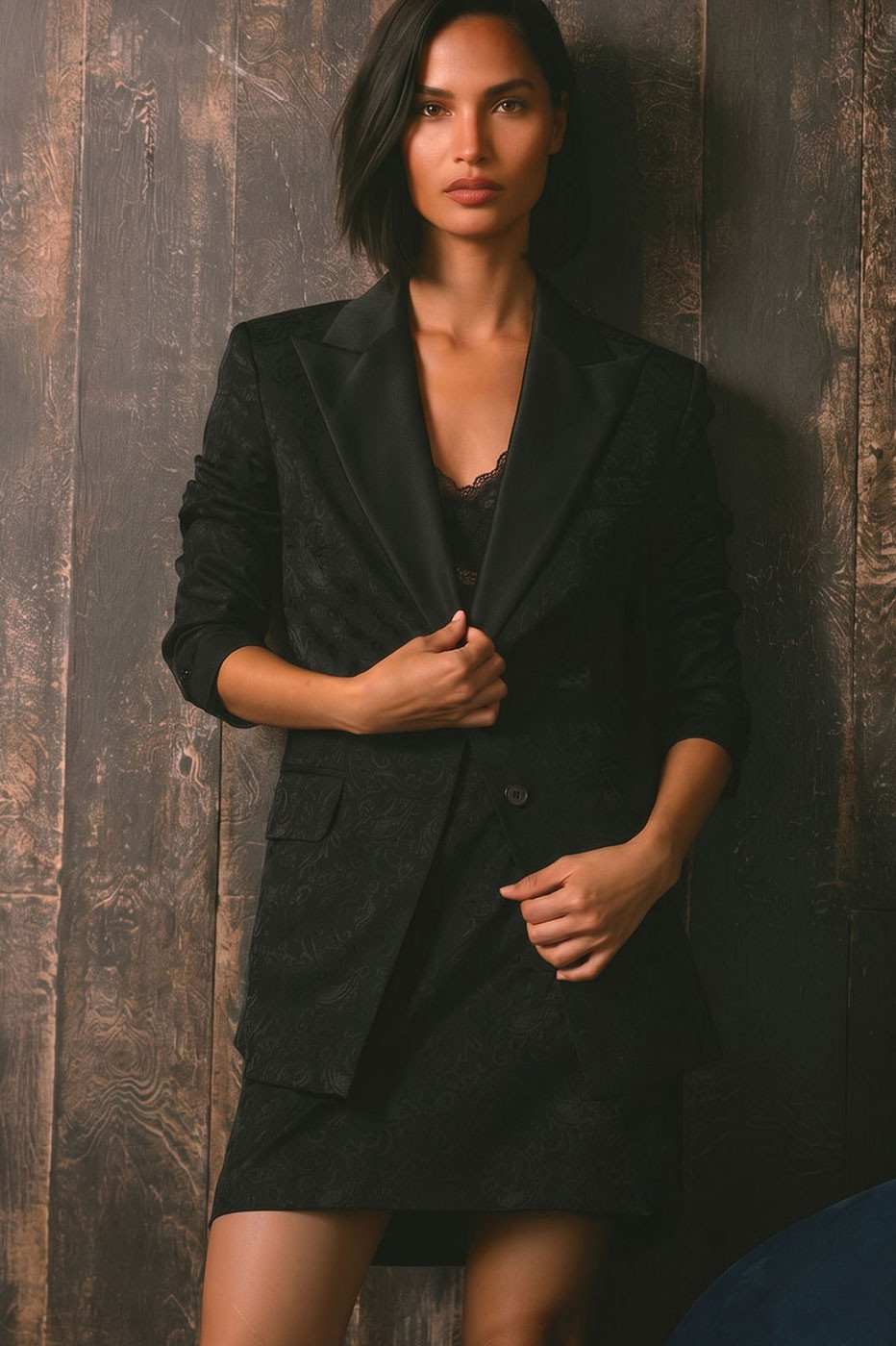 Black Jacquard Blazer with Satin Lapels and Mini Skirt — Cotillion Outfits 2027