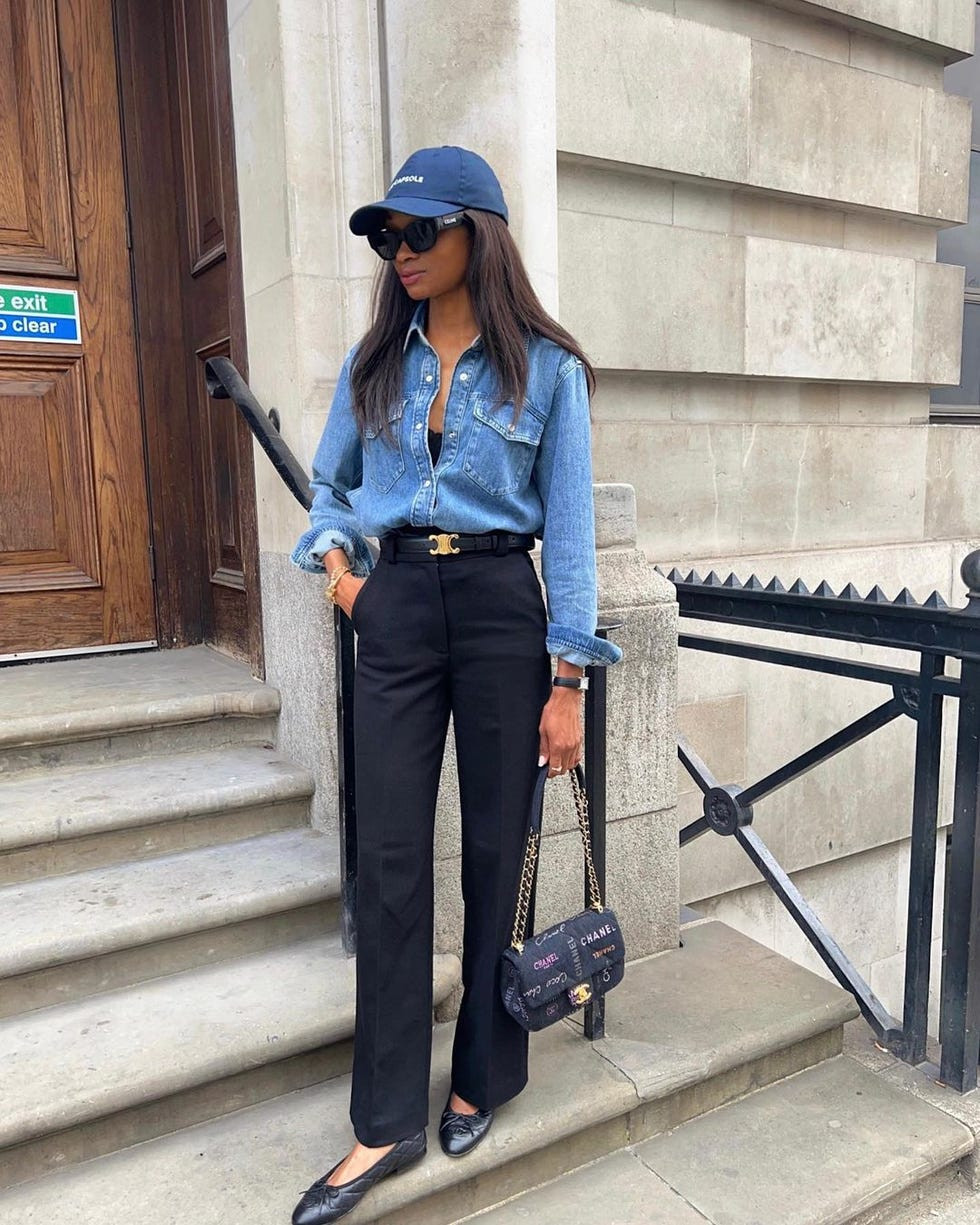 Denim Shirt Tucked into Wide-Leg Trousers Denim Shirt Tucked into Wide-Leg Trousers — Denim Shirt Outfits 2027