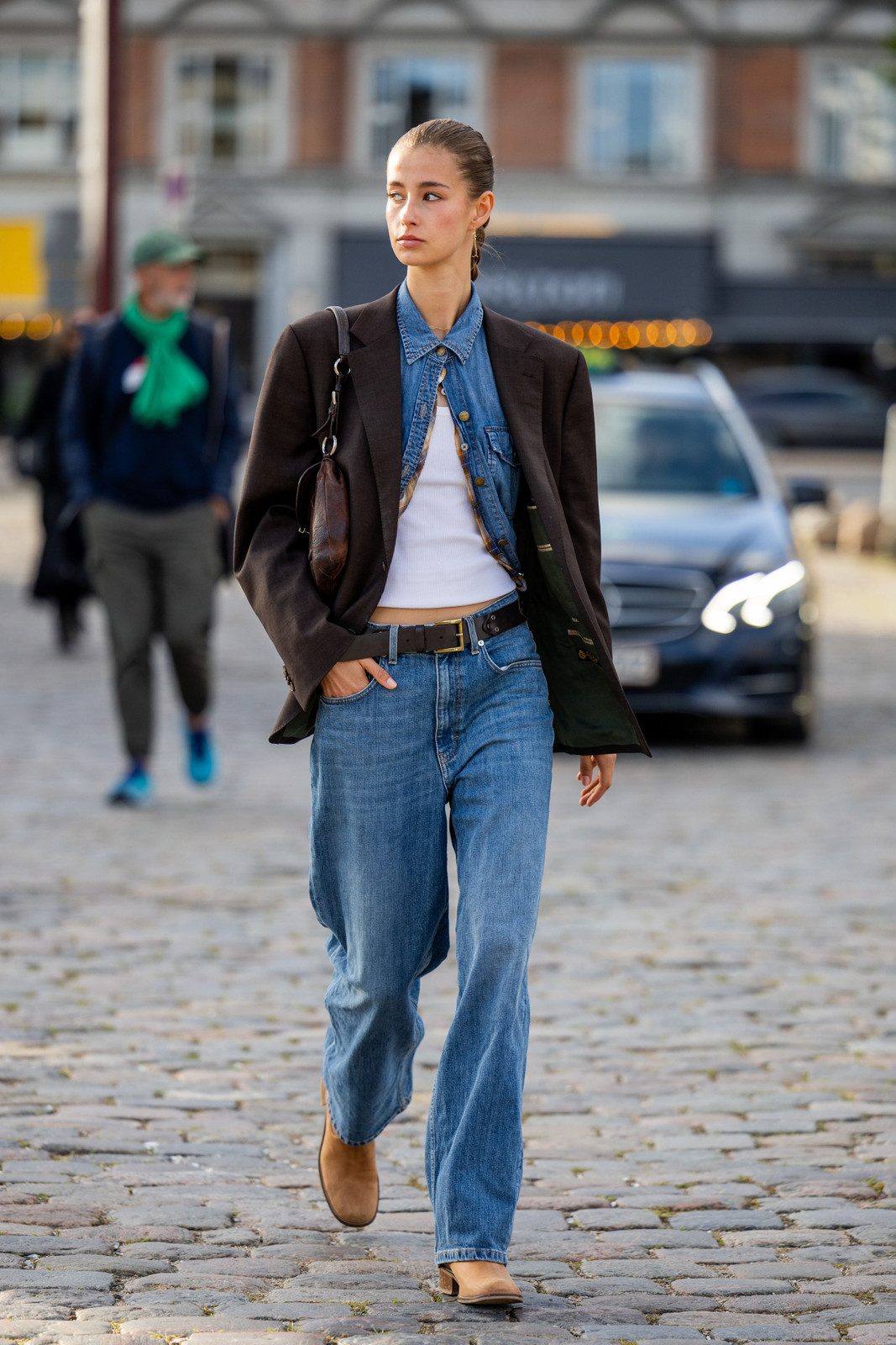 Oversized Dark Brown Blazer with Denim Shirt — Fitted Blazer Outfits 2027
