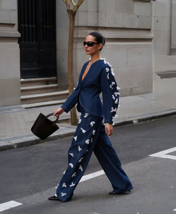 Dark Denim Suit with 3D Floral Embellishments Dark Denim Suit with 3D Floral Embellishments — Trouser Outfits 2027