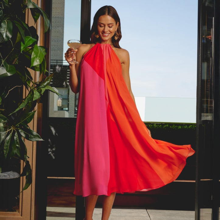 Vibrant Celebration: Color-Blocked Halter Dress for a Summer Anniversary Vibrant Celebration: Color-Blocked Halter Dress for a Summer Anniversary — Anniversary Outfits 2027