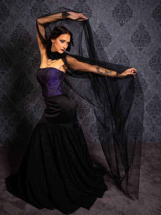 Bridal Romance: Purple Corset with Black Lace Skirt and Sheer Sleeves Bridal Romance: Purple Corset with Black Lace Skirt and Sheer Sleeves — Gothic Romantic Outfits 2027