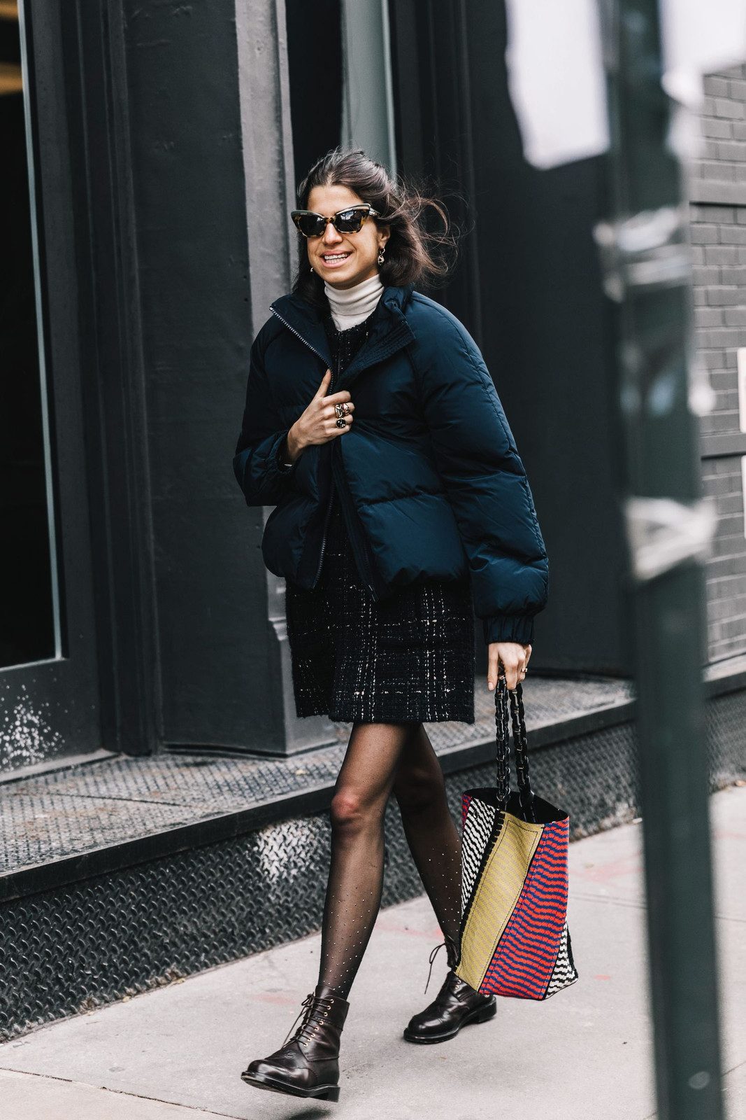 Elevated Casual: Navy Cropped Puffer with Tweed Mini Dress Elevated Casual: Navy Cropped Puffer with Tweed Mini Dress — Cropped Puffer Outfits 2027