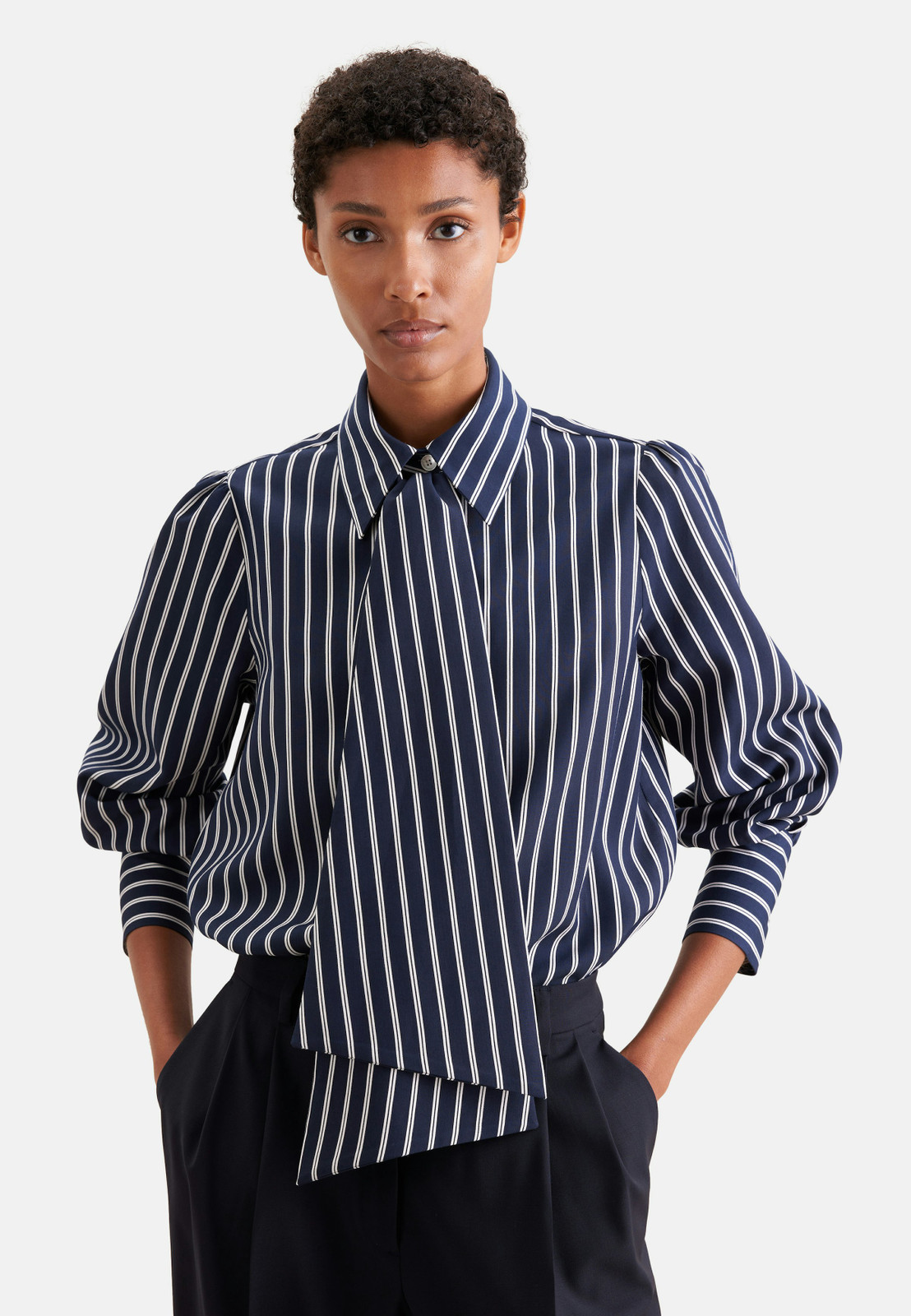 Navy and White Striped Pussy-Bow Blouse with Voluminous Sleeves Navy and White Striped Pussy-Bow Blouse with Voluminous Sleeves — Bow Tie Outfits for Women 2027