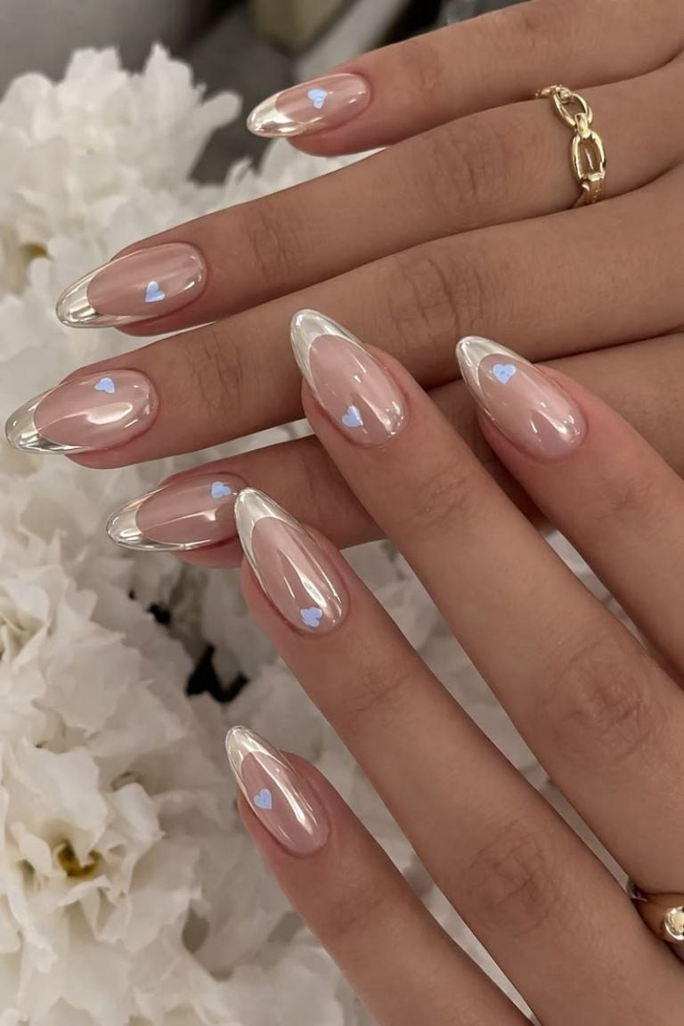 Silver Chrome Heart French Tip Nails Silver Chrome Heart French Tip Nails — Summer French Tip Nails 2027