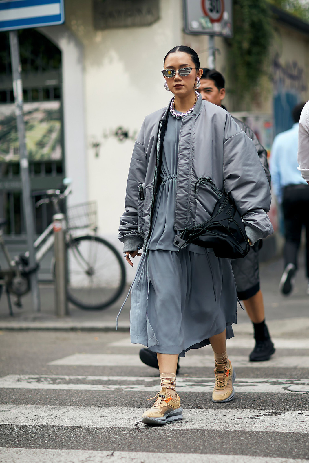 Light Blue Midi Dress Under Grey Bomber Jacket Light Blue Midi Dress Under Grey Bomber Jacket — Sneakers 2027 with Dress Outfits