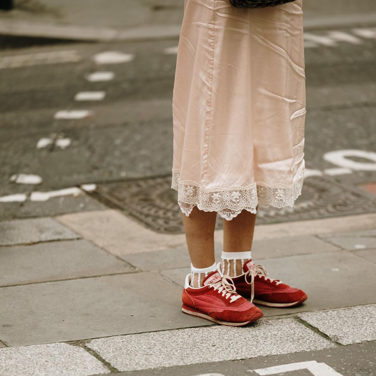 Satin Slip Dress with Burgundy Sneakers for Contrast Satin Slip Dress with Burgundy Sneakers for Contrast — Spring Outfits 2027 with Sneakers