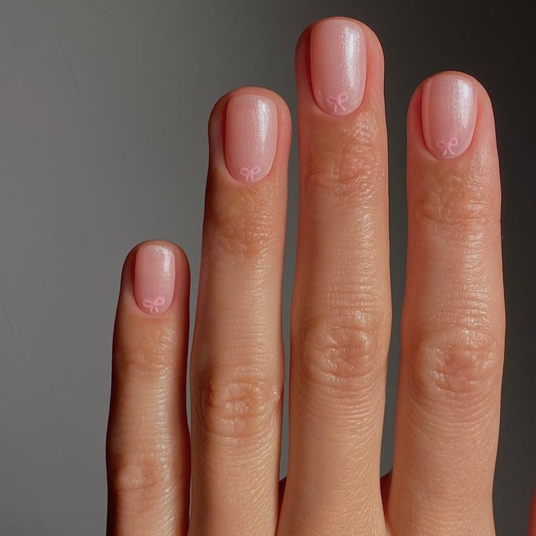 Pale Pink with Minimalist Bows — Short Wedding Nails 2027