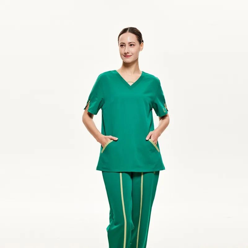 Bright Green Scrub Top with Yellow Trim and Jogger Pants — Nurse Outfits 2027
