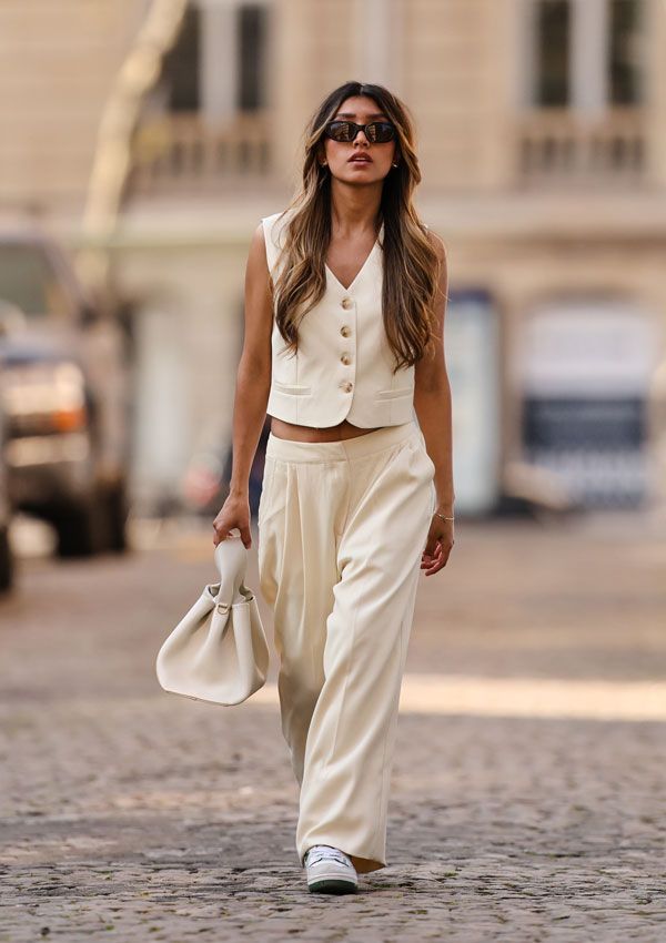 Monochromatic Cream Cropped Vest and Trousers Monochromatic Cream Cropped Vest and Trousers — Vest Outfits 2027