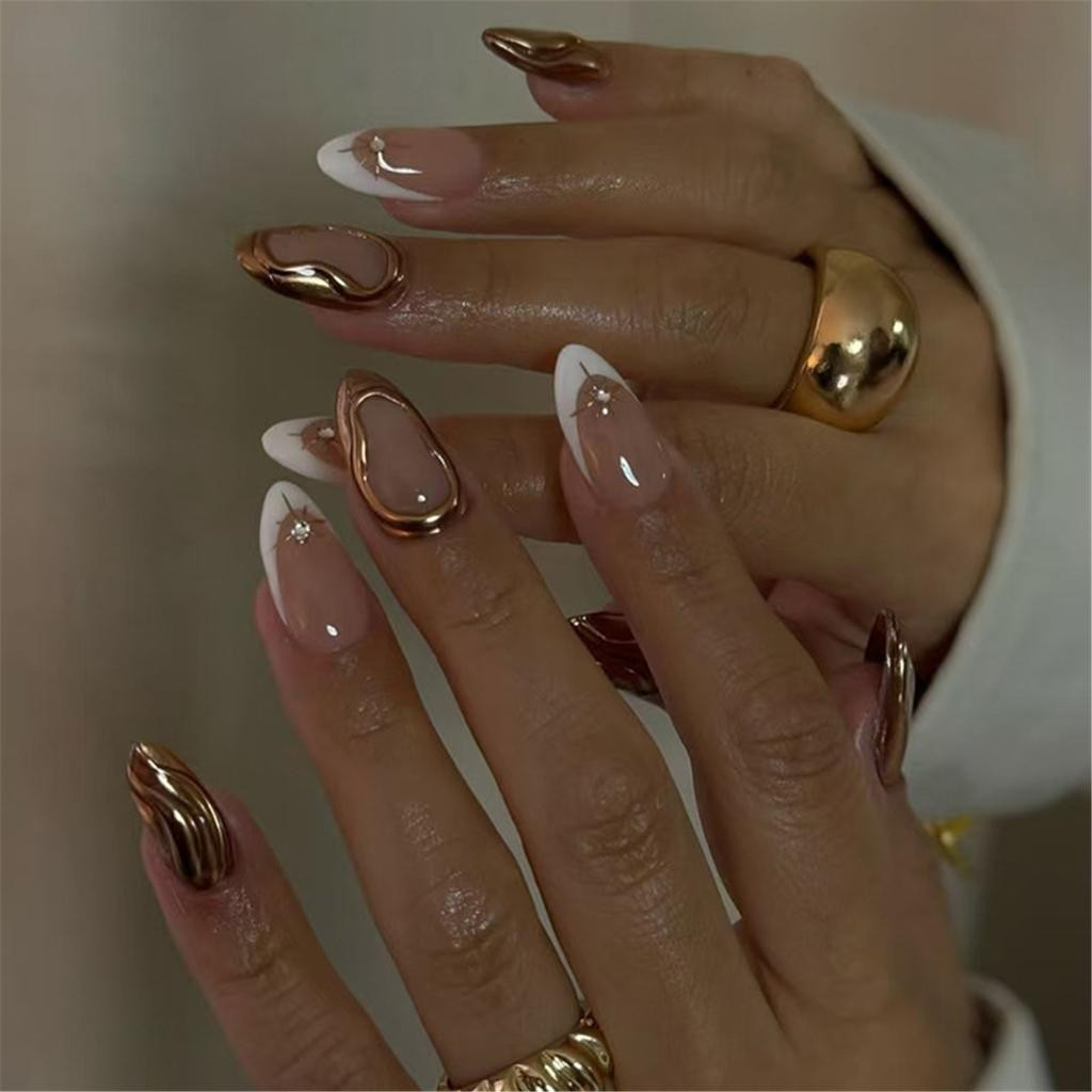 Short Nude French with 3D Gold Sun Short Nude French with 3D Gold Sun — Almond Press On Nails 2027