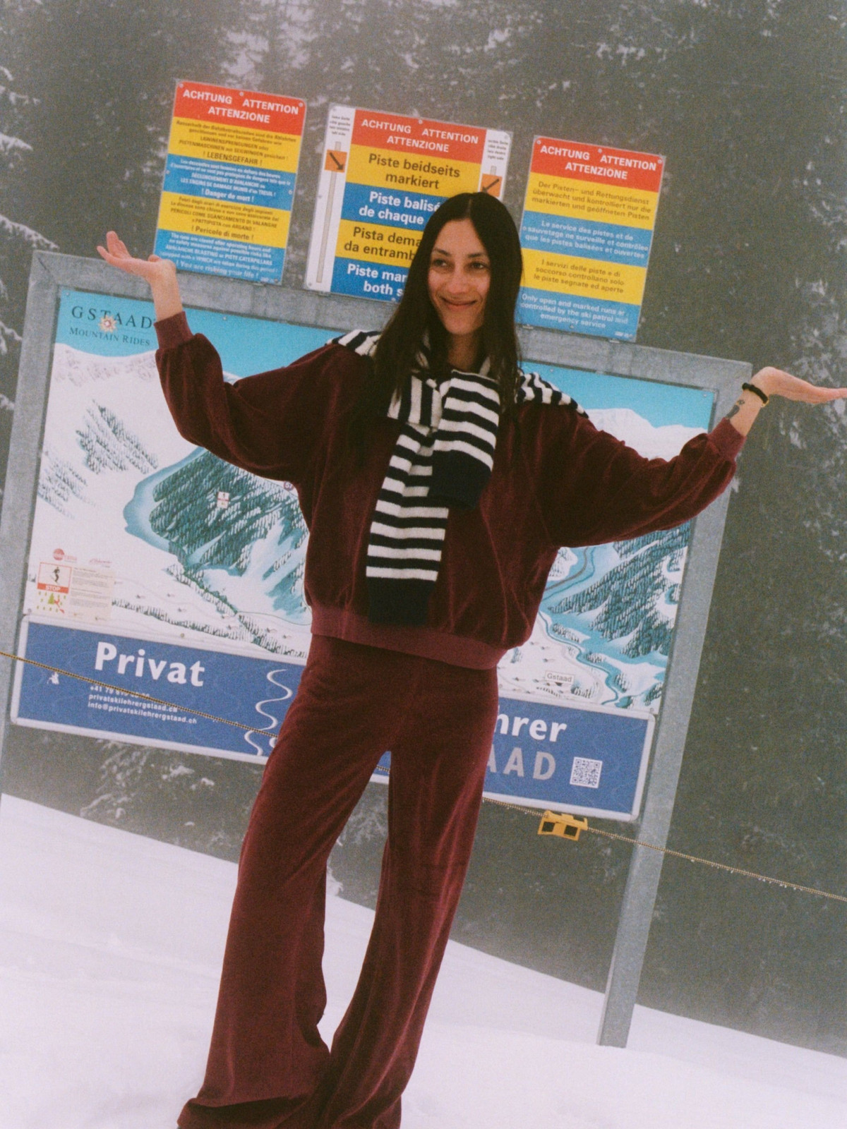 Burgundy Velour Tracksuit with Striped Scarf Burgundy Velour Tracksuit with Striped Scarf — Apres Ski Outfits 2027