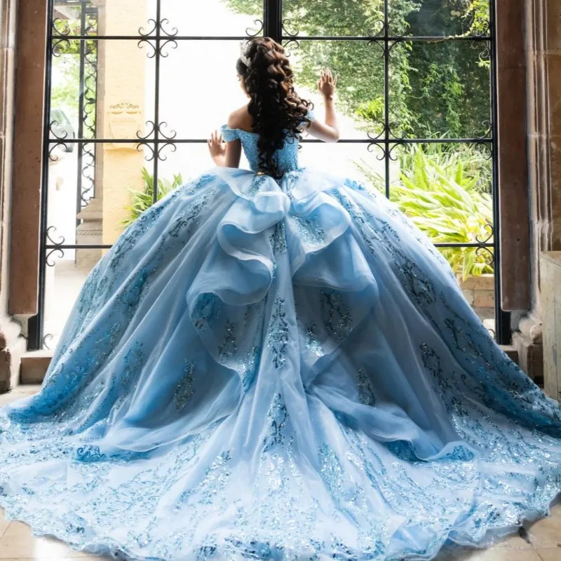 Sky Blue Ball Gown with Ruffled Bow and Crystals Sky Blue Ball Gown with Ruffled Bow and Crystals — Sweet 16 Dresses 2027