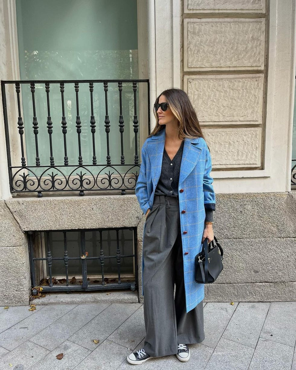 Black And White Sneakers Checked Sky Blue Coat Over Grey Neutrals (Repeat) Black And White Sneakers Checked Sky Blue Coat Over Grey Neutrals (Repeat) — Sky Blue Outfits 2027