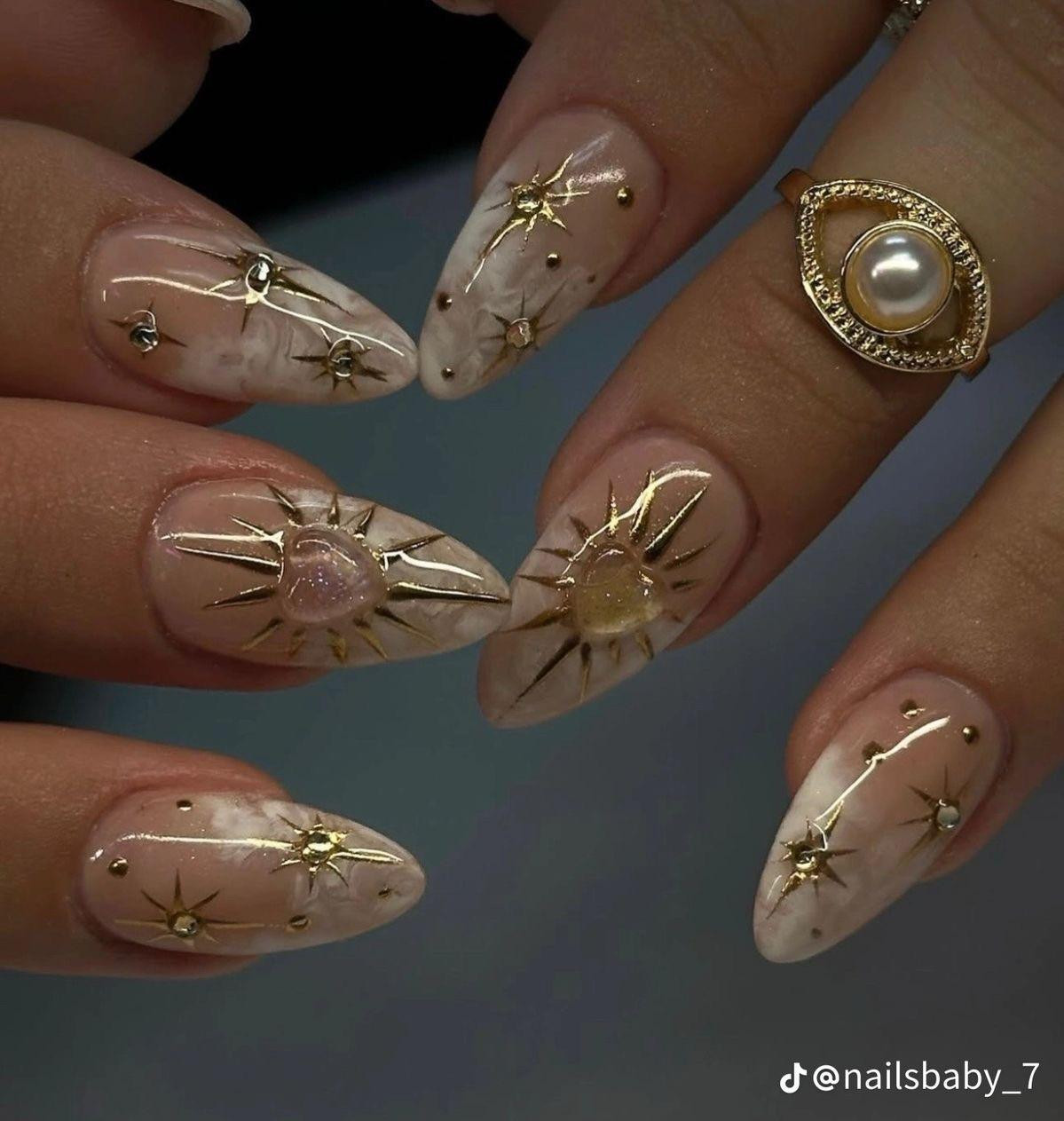 Sheer Nude Marbled Stilettos with Gold Suns — Prom Press On Nails 2027