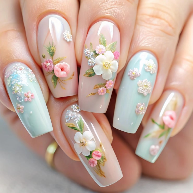Pastel Pink Mint Green And Nude Base Visual Idea Pastel Pink Mint Green And Nude Base Visual Idea — Floral Acrylic Nails 2027