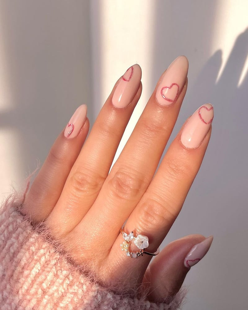 Valentine S Day Scattered Red Hearts Light Pink Almond Valentine S Day Scattered Red Hearts Light Pink Almond — Heart Nails 2027