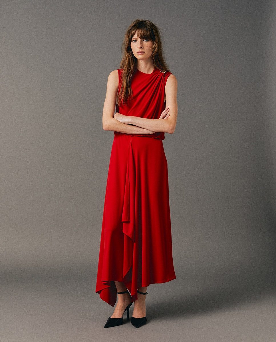 Red Sleeveless Maxi Dress with Draped Asymmetrical Hem Red Sleeveless Maxi Dress with Draped Asymmetrical Hem — Going Out Dresses 2027