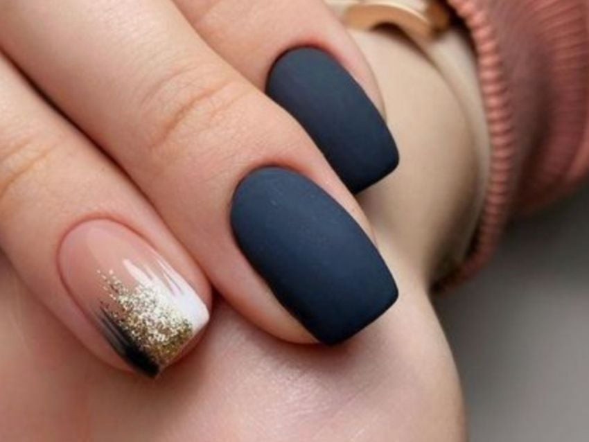 Matte On Navy Glossy On Accent Visual Idea Matte On Navy Glossy On Accent Visual Idea — Short Winter Nails 2027
