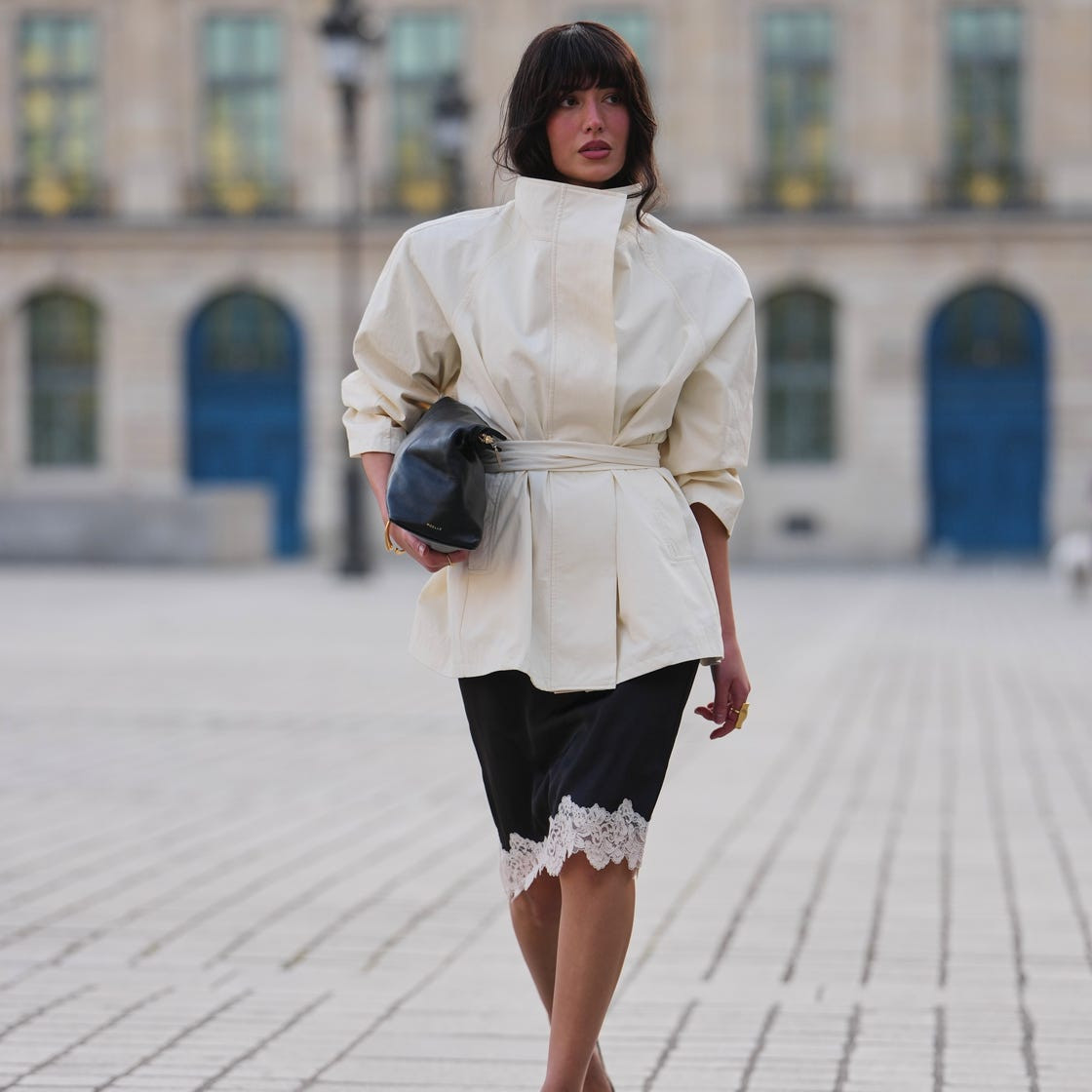 Sophisticated Pairing of a Belted Jacket and Lace-Trimmed Slip Skirt Sophisticated Pairing of a Belted Jacket and Lace-Trimmed Slip Skirt — Slip Skirts 2027