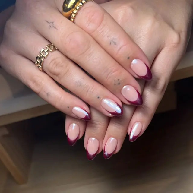 Chrome Shimmer Burgundy French Tips Chrome Shimmer Burgundy French Tips — Burgundy Christmas Nails 2026