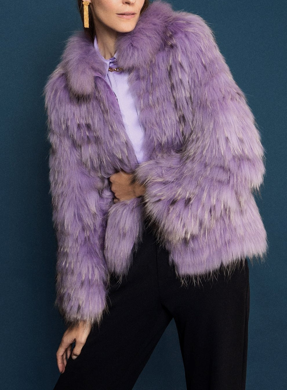 Cropped Lavender Faux Fur Jacket with Black Trousers Cropped Lavender Faux Fur Jacket with Black Trousers — Faux Fur Outfits 2027