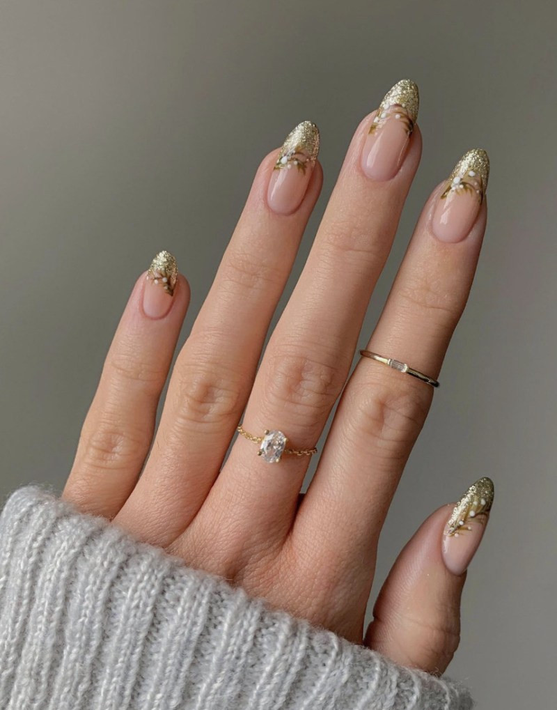 Gold Leaf Floral French Almond Nails Gold Leaf Floral French Almond Nails — Engagement Nails 2027