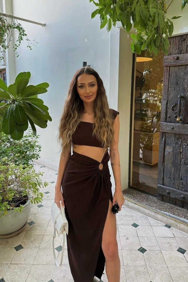 Dark Brown Cut-Out Skirt and Crop Top Dark Brown Cut-Out Skirt and Crop Top — Dubai Outfits 2027