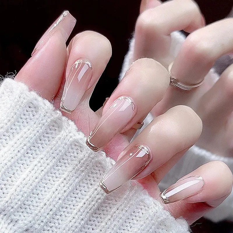 Nude to Brown Ombre Coffin with Gold Tip — Prom Press On Nails 2027