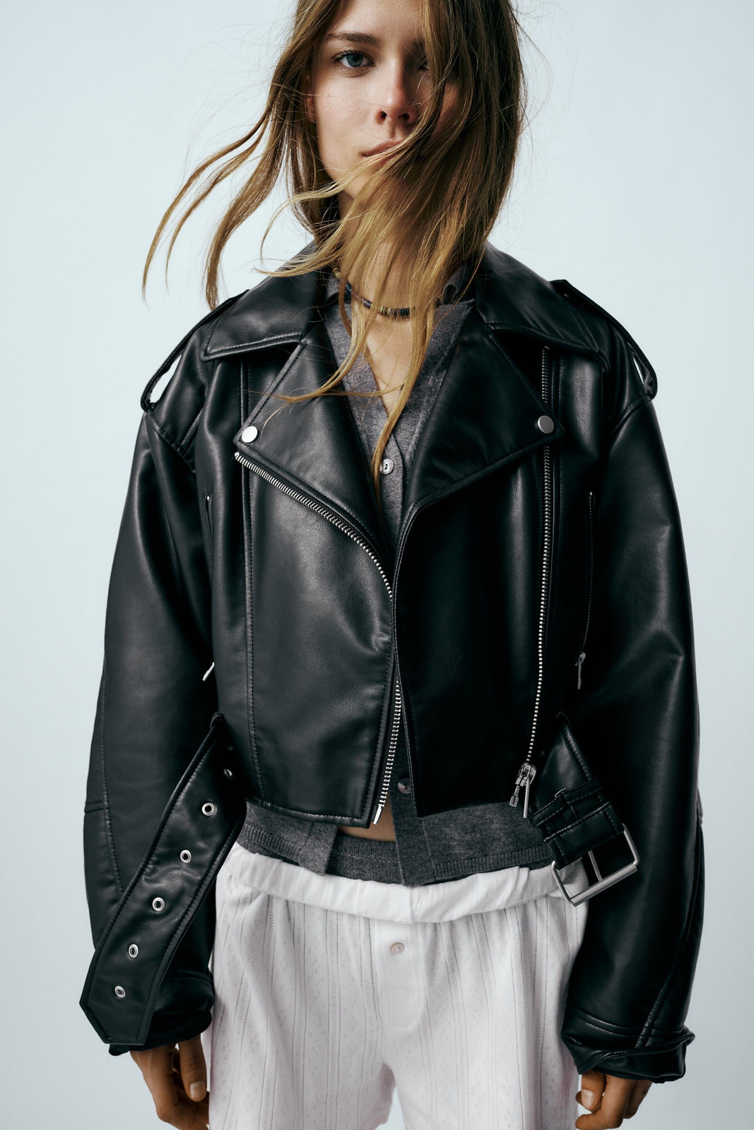 Effortless Edge: Oversized Biker Jacket and Striped Pants Effortless Edge: Oversized Biker Jacket and Striped Pants — Rockstar Girlfriend Outfits 2027