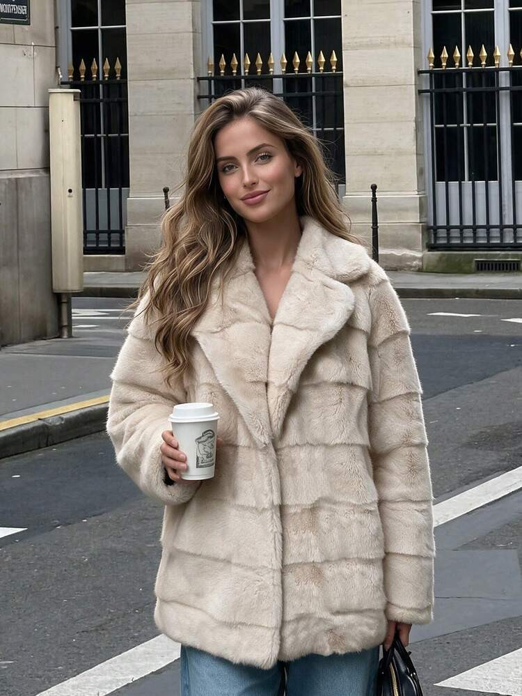 Casual Daytime Striped Cream Faux Fur Coat with Blue Jeans Casual Daytime Striped Cream Faux Fur Coat with Blue Jeans — Faux Fur Outfits 2027