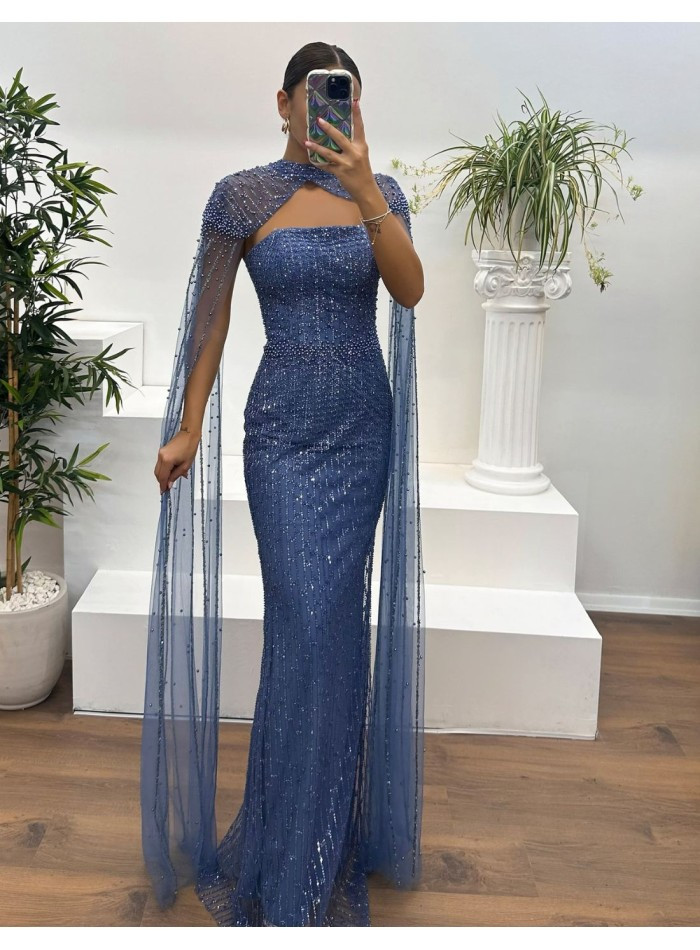 Blue Strapless Gown with Beaded Capelet Overlay — Cocktail Party Outfits 2027