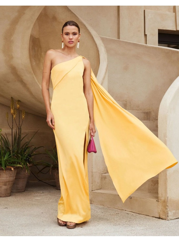Formal Statement: Yellow Crepe Satin Gown with Draped Sleeve Formal Statement: Yellow Crepe Satin Gown with Draped Sleeve — Satin Dresses 2027