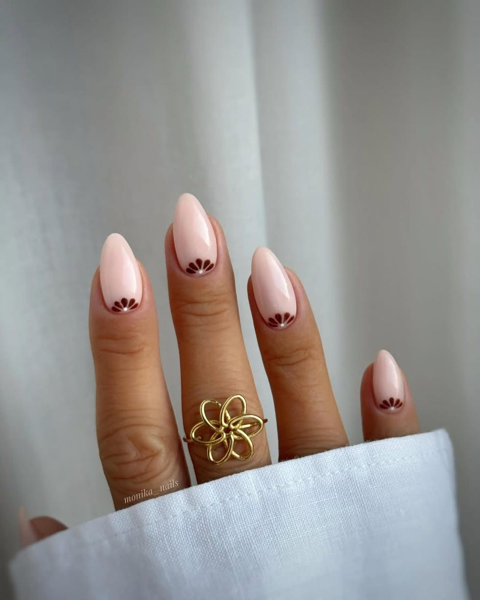 Pale Pink Dark Red Floral Cuticle Nails — Minimalist Nails 2027