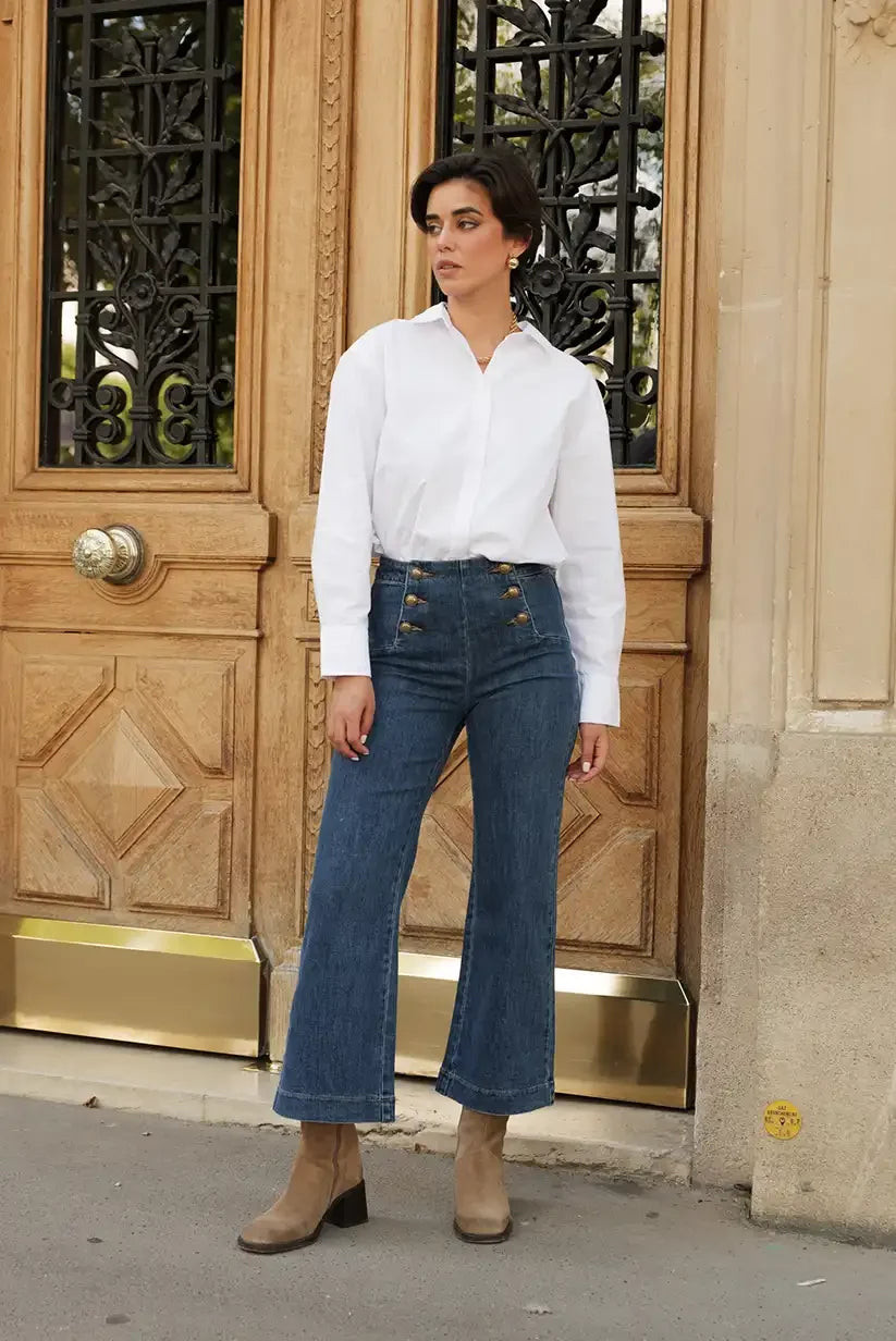 Dark Blue Denim Flare Pants with Sailor Buttons and White Shirt Dark Blue Denim Flare Pants with Sailor Buttons and White Shirt — Skinny Flare Pants Outfits 2027