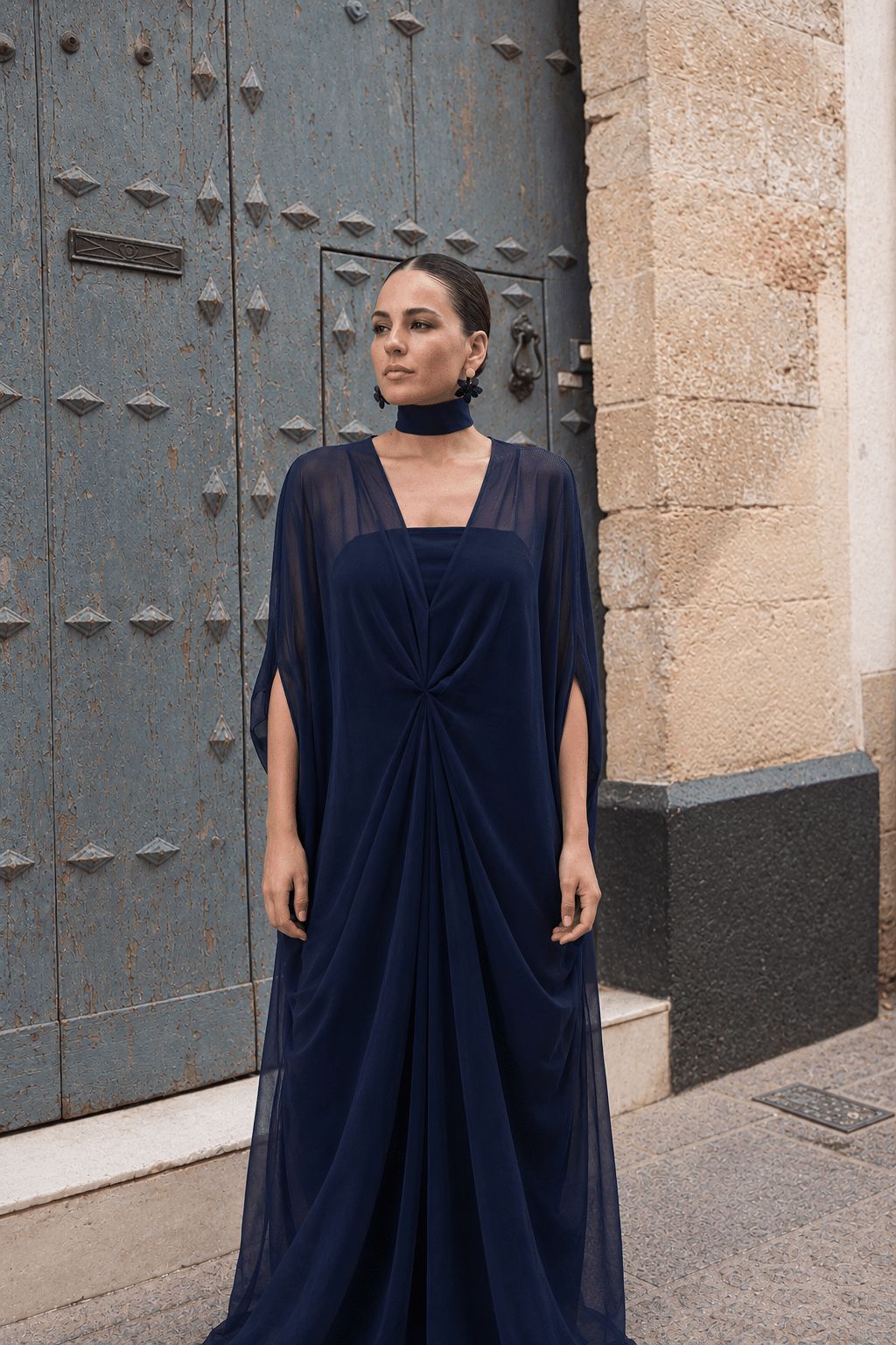 Deep Navy Draped Chiffon Overlay Dress Deep Navy Draped Chiffon Overlay Dress — Party Outfits 2027