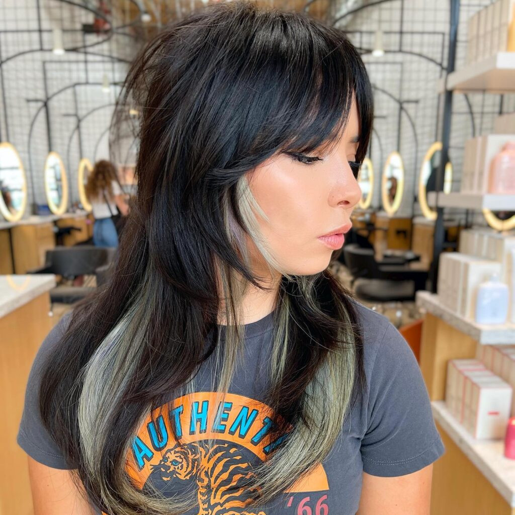 Dark Shag With Ash Blonde and Green Streaks — Y2K Hair Color 2027