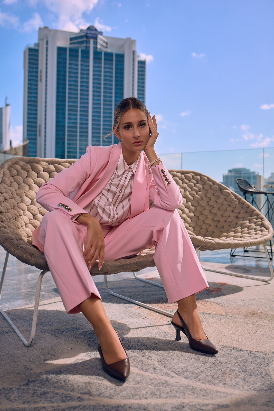 Relaxed Polish: Pink Suit with Striped Shirt Relaxed Polish: Pink Suit with Striped Shirt — Mothers Day Outfits 2027