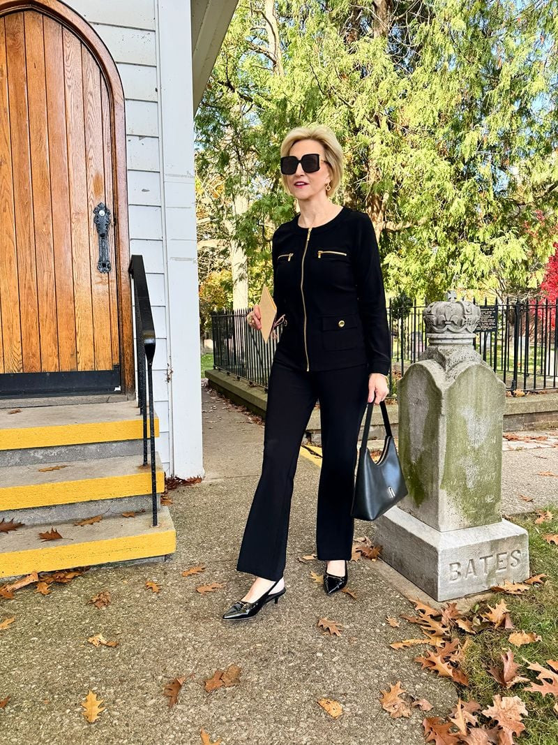 Chic Black Knit Suit with Gold Zipper Accents Chic Black Knit Suit with Gold Zipper Accents — Mothers Day Church Outfits 2027