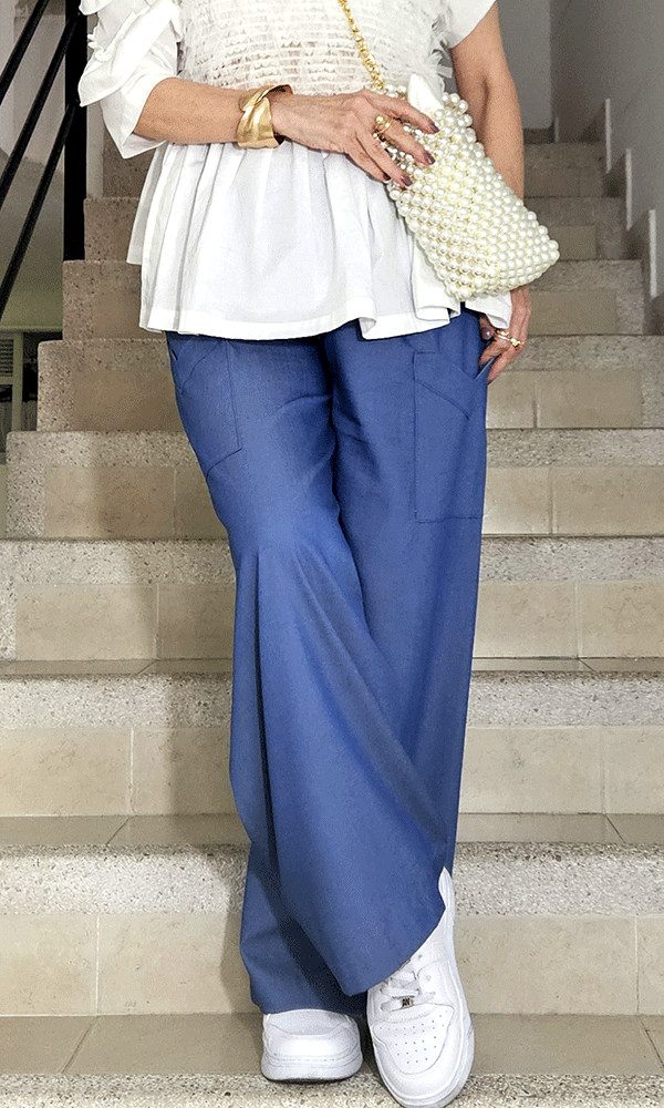 Linen Blend Ease: Blue Wide-Leg Pants with Off-Shoulder Top Linen Blend Ease: Blue Wide-Leg Pants with Off-Shoulder Top — Navy Blue Wide Leg Pants Outfits 2027