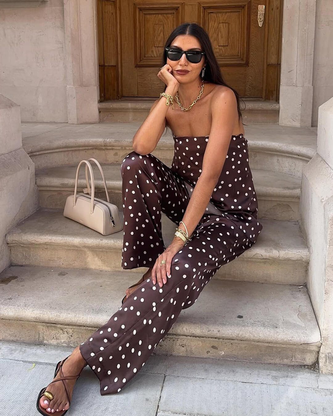 Brown Satin Bandeau Top and Polka Dot Pants for Casual Style Brown Satin Bandeau Top and Polka Dot Pants for Casual Style — Colorful Summer Outfits 2027