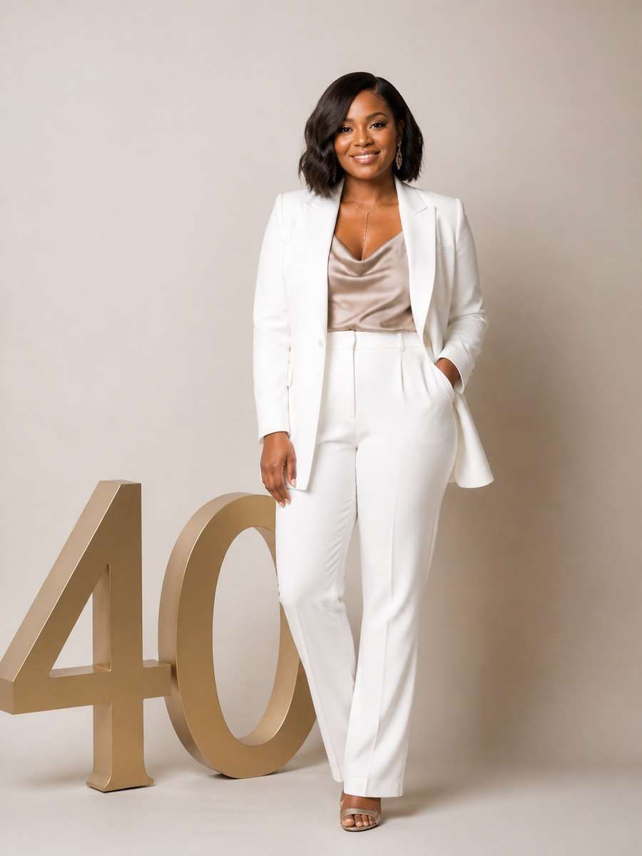 White Pantsuit with Satin Camisole and Draped Necklace for a Birthday Brunch White Pantsuit with Satin Camisole and Draped Necklace for a Birthday Brunch — Birthday Outfits 2027