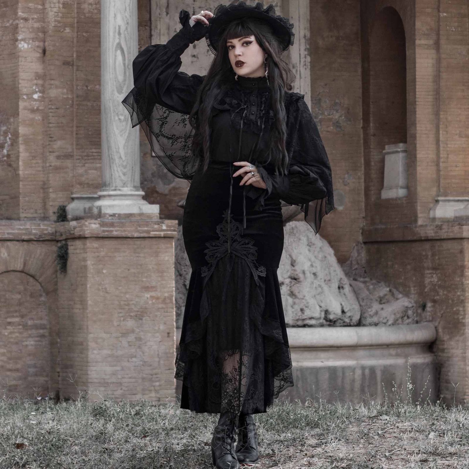 Lace Masterpiece: Voluminous Sleeve Top with Mermaid Skirt and Hat Lace Masterpiece: Voluminous Sleeve Top with Mermaid Skirt and Hat — Gothic Romantic Outfits 2027