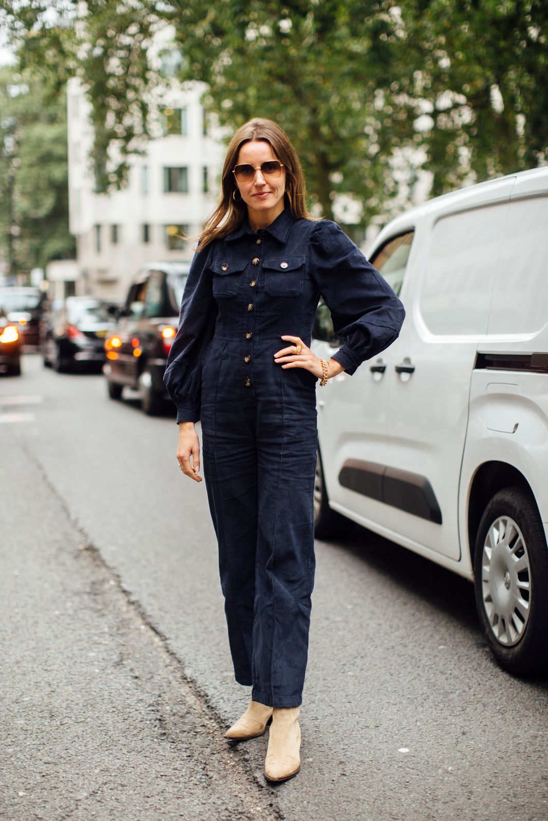 Dark Blue Corduroy Utility Jumpsuit with Puff Sleeves Dark Blue Corduroy Utility Jumpsuit with Puff Sleeves — Jumpsuit Outfits 2027