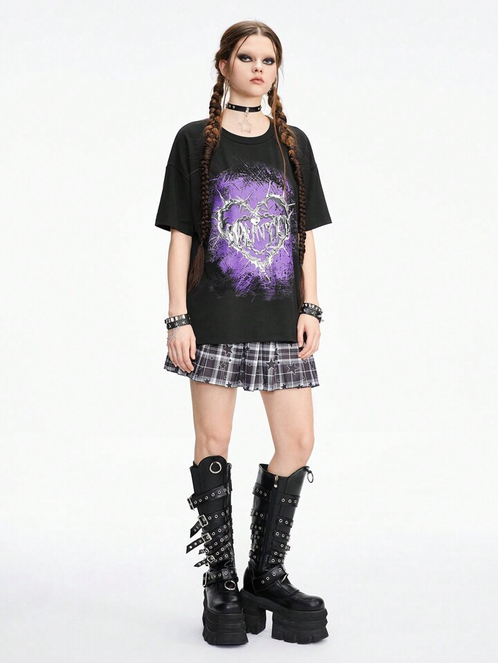 Graphic T-Shirt with Heart and Thorns, Plaid Skirt Graphic T-Shirt with Heart and Thorns, Plaid Skirt — Heart Outfits 2027