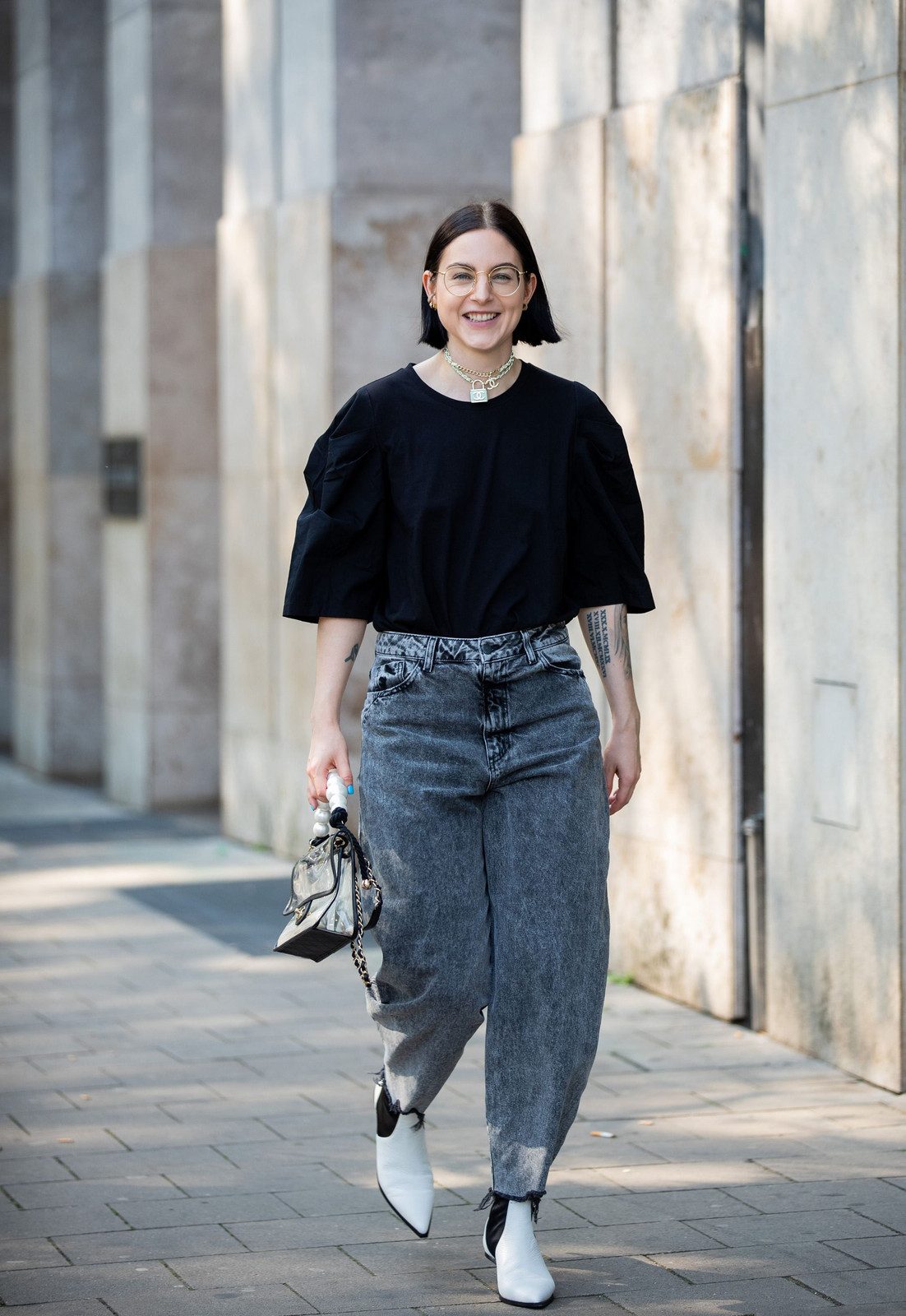 Puffed Sleeve Top and White Ankle Boots with Grey Jeans — Wide Leg Jeans Outfits 2027