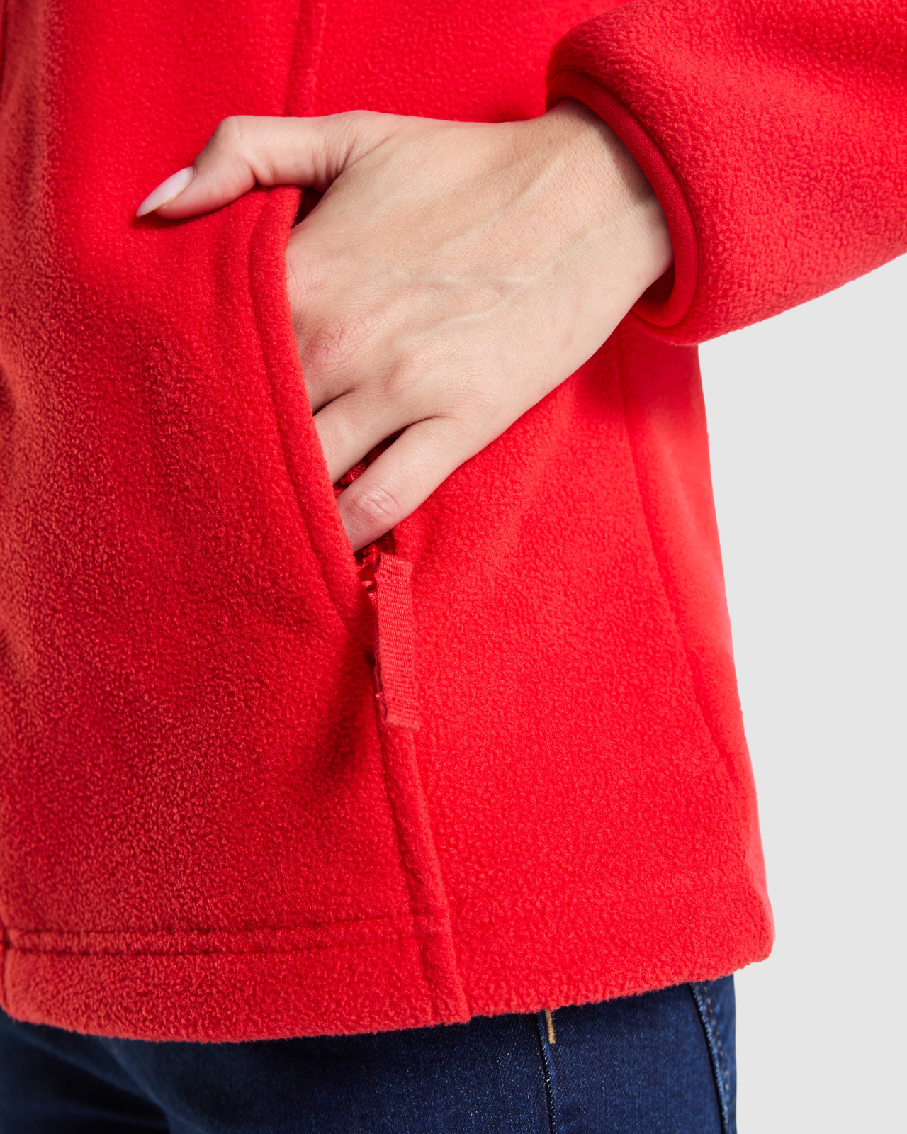 Bright Red Fleece Jacket Texture Detail Bright Red Fleece Jacket Texture Detail — Fleece Outfits 2027