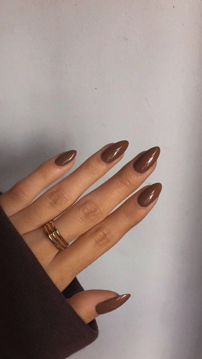 High-Gloss Chocolate Brown Almond Nails — Nails 2027 for Brown Skin