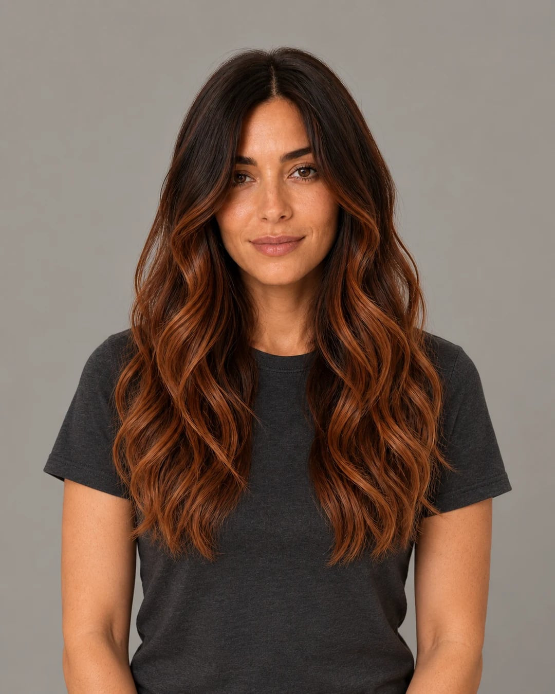 Mid-Back Dark Brown With Copper Balayage Mid-Back Dark Brown With Copper Balayage — Hair Color 2027 for Long Face
