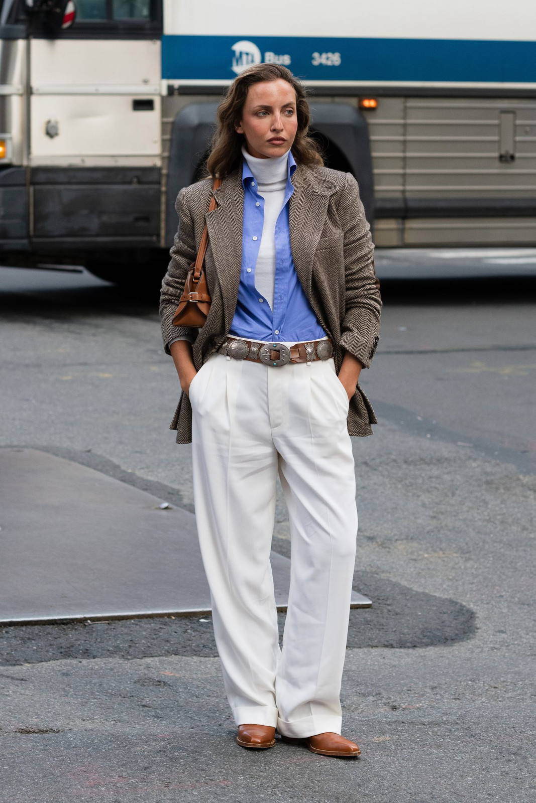 White Turtleneck Under Blue Shirt and Tweed Blazer White Turtleneck Under Blue Shirt and Tweed Blazer — Turtleneck Sweater Outfits 2027